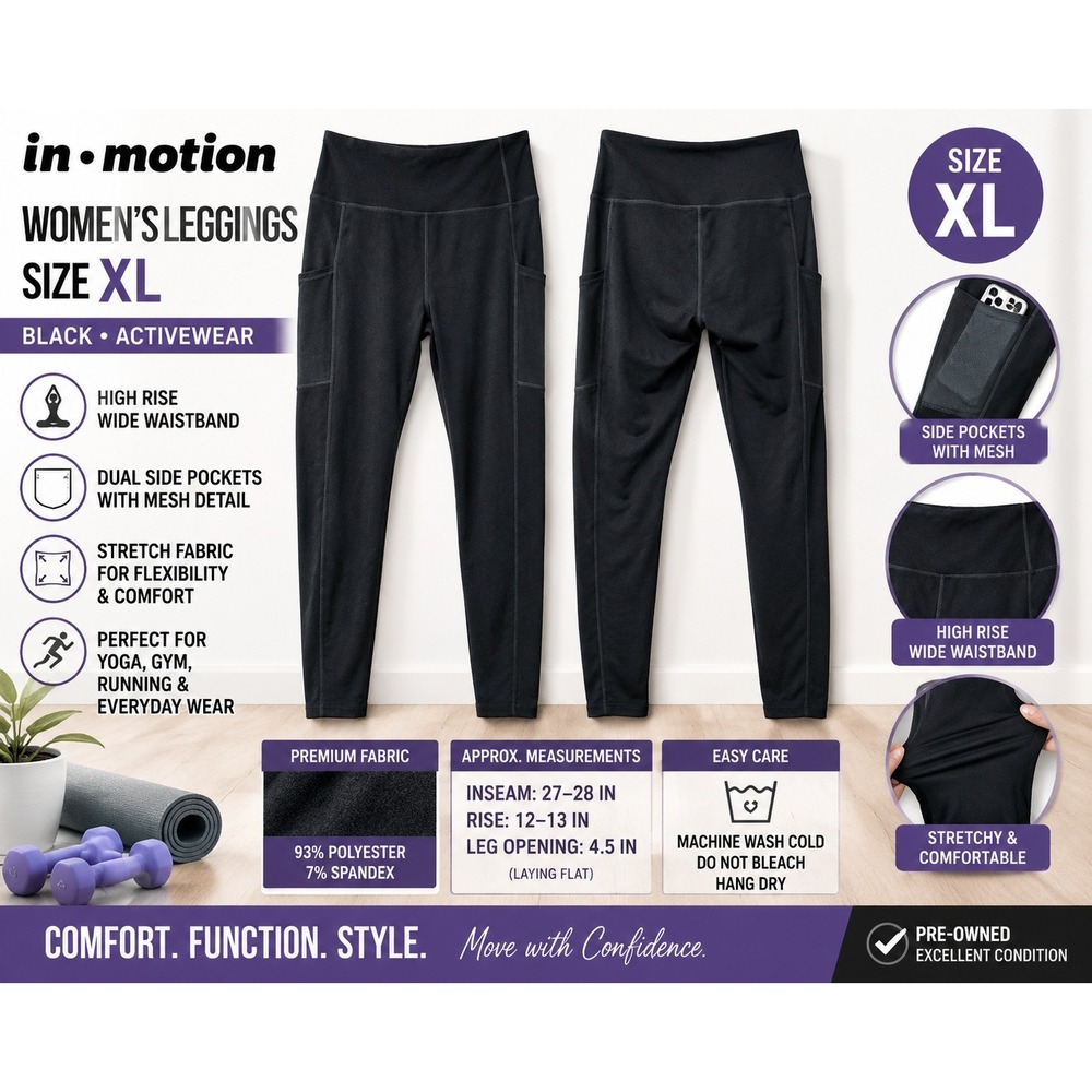 In Motion Womens XL Black High Rise Activewear Leggings with Mesh Side Pockets